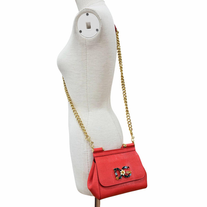 極美品◇DOLCE&amp;GABBANA ドルチェ＆ガッバーナ SICILY イグアナプリントレザー クリスタル DGロゴパッチ チェーンショルダー/ハンドバッグ