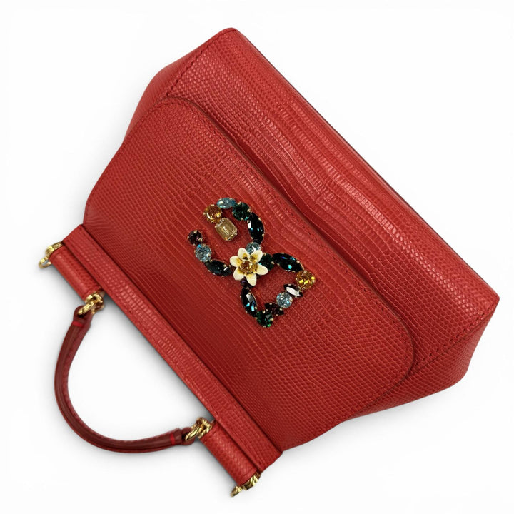 極美品◇DOLCE&amp;GABBANA ドルチェ＆ガッバーナ SICILY イグアナプリントレザー クリスタル DGロゴパッチ チェーンショルダー/ハンドバッグ