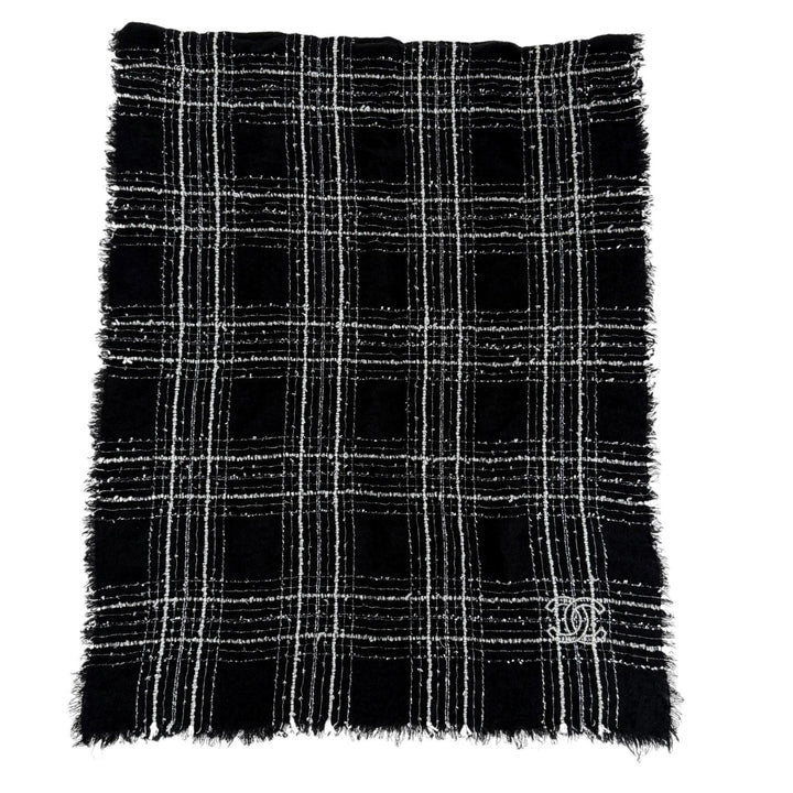 美品☆CHANEL シャネル 23B カシミヤ・シルク混 ココマーク リボンツイード チェック柄 フリンジ 大判 ストール ブラック イタリア製