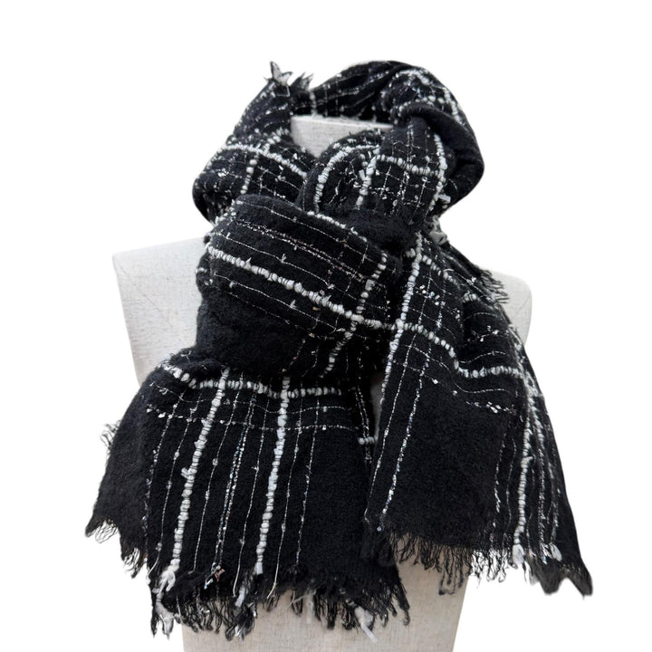 美品☆CHANEL シャネル 23B カシミヤ・シルク混 ココマーク リボンツイード チェック柄 フリンジ 大判 ストール ブラック イタリア製