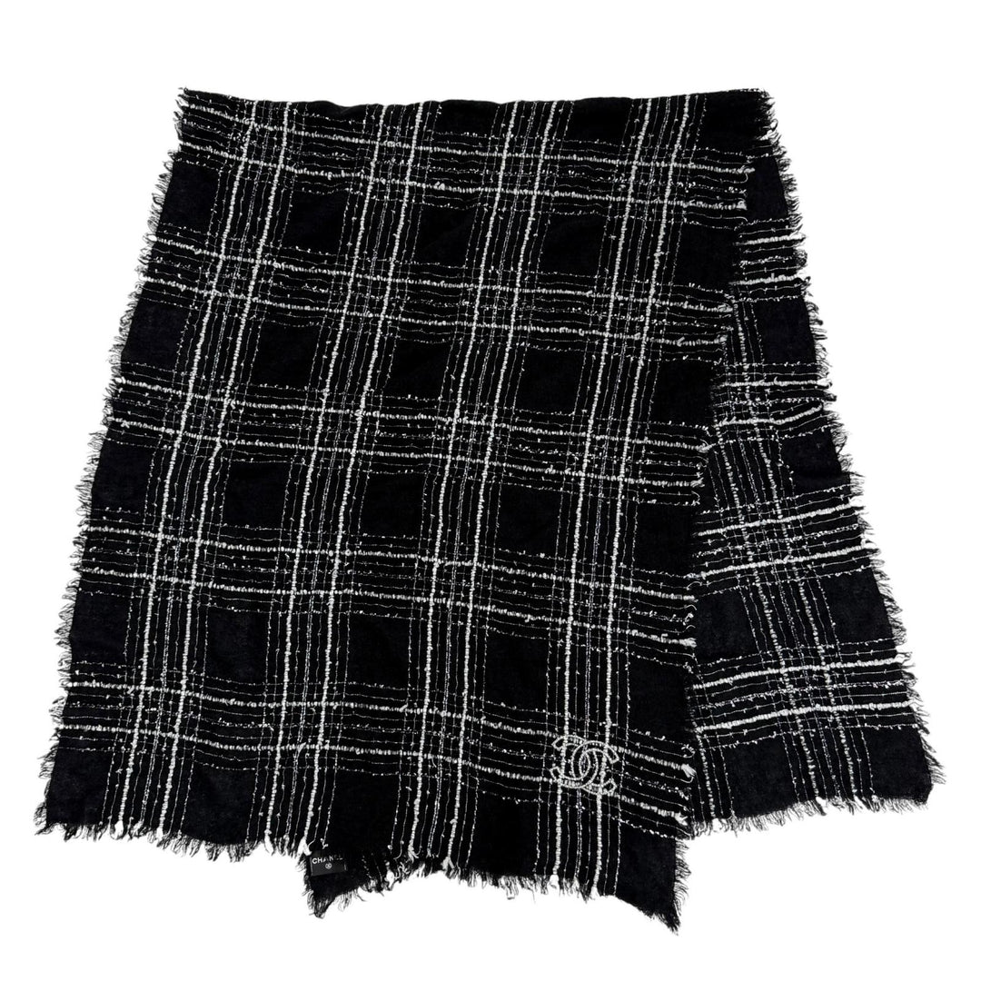 美品☆CHANEL シャネル 23B カシミヤ・シルク混 ココマーク リボンツイード チェック柄 フリンジ 大判 ストール ブラック イタリア製