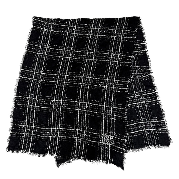 美品☆CHANEL シャネル 23B カシミヤ・シルク混 ココマーク リボンツイード チェック柄 フリンジ 大判 ストール ブラック イタリア製