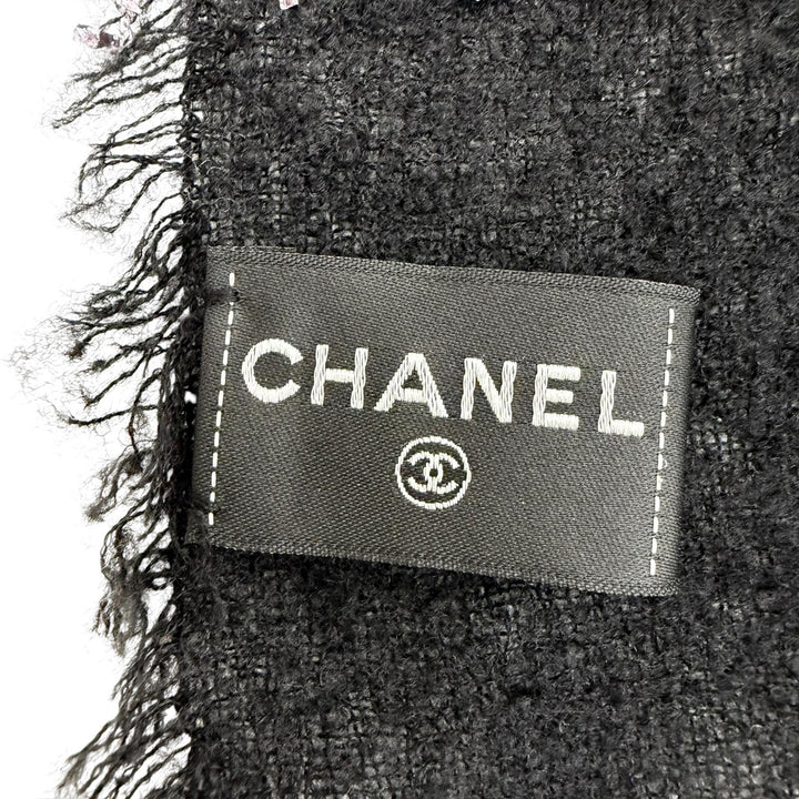 美品☆CHANEL シャネル 23B カシミヤ・シルク混 ココマーク リボンツイード チェック柄 フリンジ 大判 ストール ブラック イタリア製