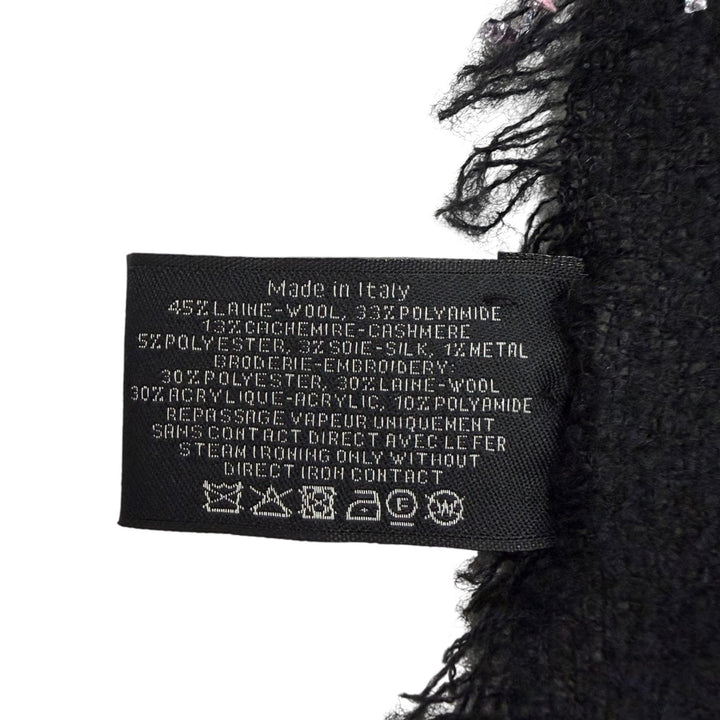 美品☆CHANEL シャネル 23B カシミヤ・シルク混 ココマーク リボンツイード チェック柄 フリンジ 大判 ストール ブラック イタリア製