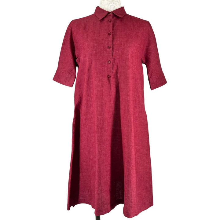極美品▲Loro Piana ロロピアーナ リネン100% プルオーバー シャツ ワンピース ボルドー 38 イタリア製 正規品 レディース