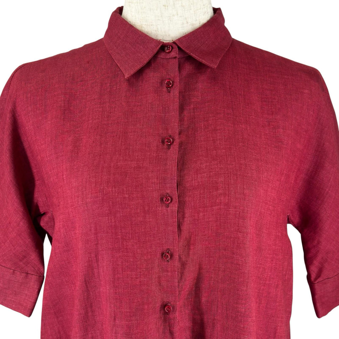 極美品▲Loro Piana ロロピアーナ リネン100% プルオーバー シャツ ワンピース ボルドー 38 イタリア製 正規品 レディース