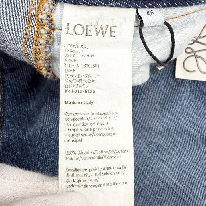 極美品△LOEWE ロエベ H526Y11X59 ASYMMETRIC JE DENIM ロゴレザーパッチ デニムパンツ インディゴブルー 46 イタリア製 正規品 メンズ
