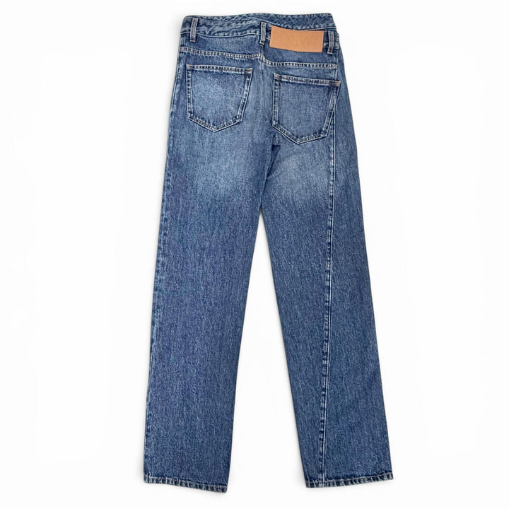 極美品△LOEWE ロエベ H526Y11X59 ASYMMETRIC JE DENIM ロゴレザーパッチ デニムパンツ インディゴブルー 46 イタリア製 正規品 メンズ