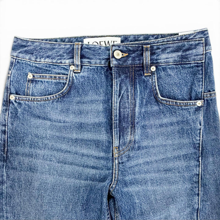 極美品△LOEWE ロエベ H526Y11X59 ASYMMETRIC JE DENIM ロゴレザーパッチ デニムパンツ インディゴブルー 46 イタリア製 正規品 メンズ