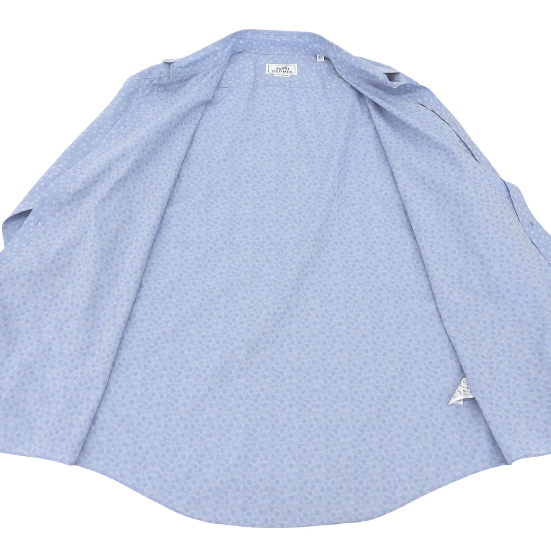 美品▲HERMES エルメス コットン100% セリエボタン 総柄 ドレスシャツ 長袖シャツ ライトブルー ホワイト 42 16 1/2 フランス製 メンズ