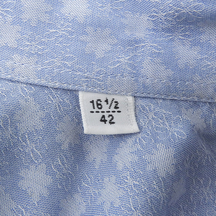 美品▲HERMES エルメス コットン100% セリエボタン 総柄 ドレスシャツ 長袖シャツ ライトブルー ホワイト 42 16 1/2 フランス製 メンズ