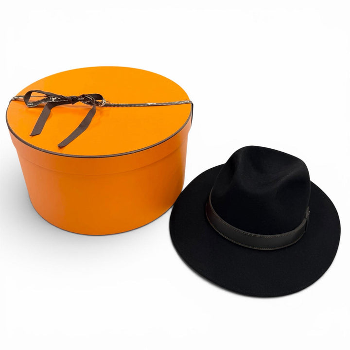極美品▼HERMES エルメス 牛革 ラパン レザー使い セリエボタン 中折れ帽子 フェルトハット ブラック 58 イタリア製 正規品 メンズ 箱付