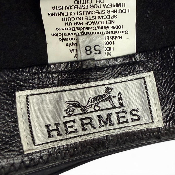 極美品▼HERMES エルメス 牛革 ラパン レザー使い セリエボタン 中折れ帽子 フェルトハット ブラック 58 イタリア製 正規品 メンズ 箱付