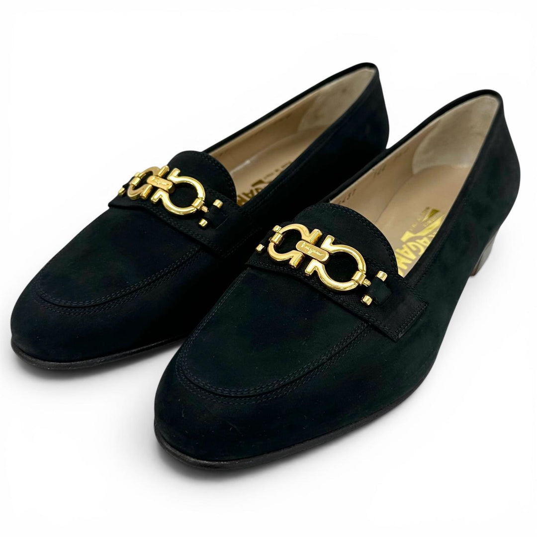 未使用品▲Salvatore Ferragamo サルヴァトーレフェラガモ BABS ダブルガンチーニ パンプス ダークネイビー ゴールド金具 7.5 レディース