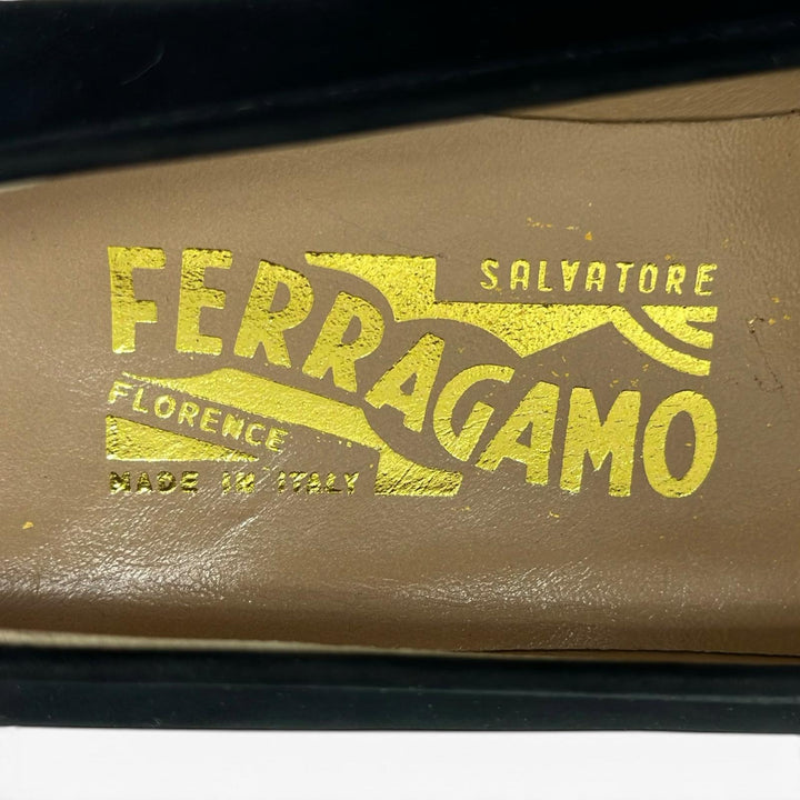 未使用品▲Salvatore Ferragamo サルヴァトーレフェラガモ BABS ダブルガンチーニ パンプス ダークネイビー ゴールド金具 7.5 レディース