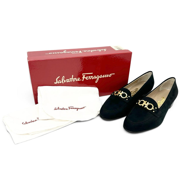 未使用品▲Salvatore Ferragamo サルヴァトーレフェラガモ BABS ダブルガンチーニ パンプス ダークネイビー ゴールド金具 7.5 レディース