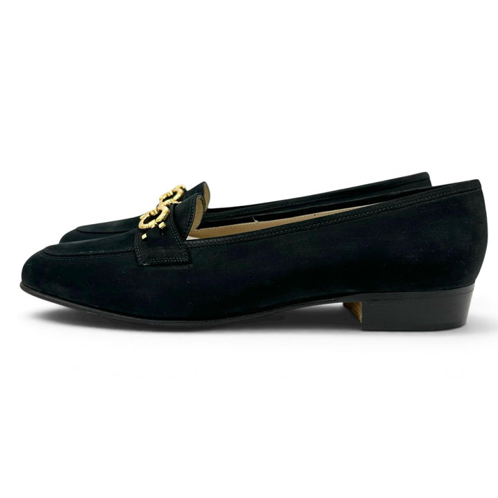 未使用品▲Salvatore Ferragamo サルヴァトーレフェラガモ BABS ダブルガンチーニ パンプス ダークネイビー ゴールド金具 7.5 レディース