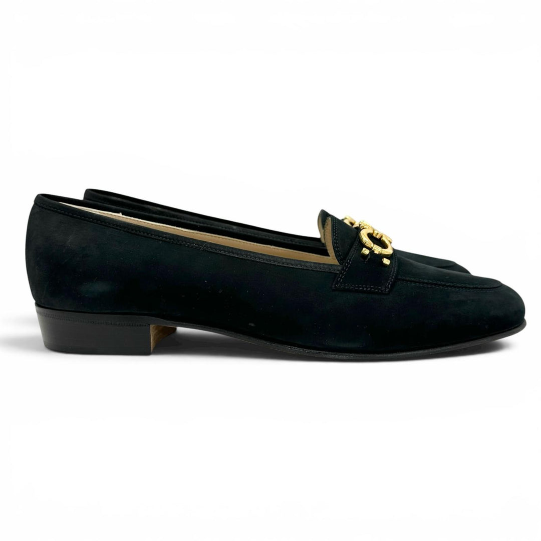 未使用品▲Salvatore Ferragamo サルヴァトーレフェラガモ BABS ダブルガンチーニ パンプス ダークネイビー ゴールド金具 7.5 レディース