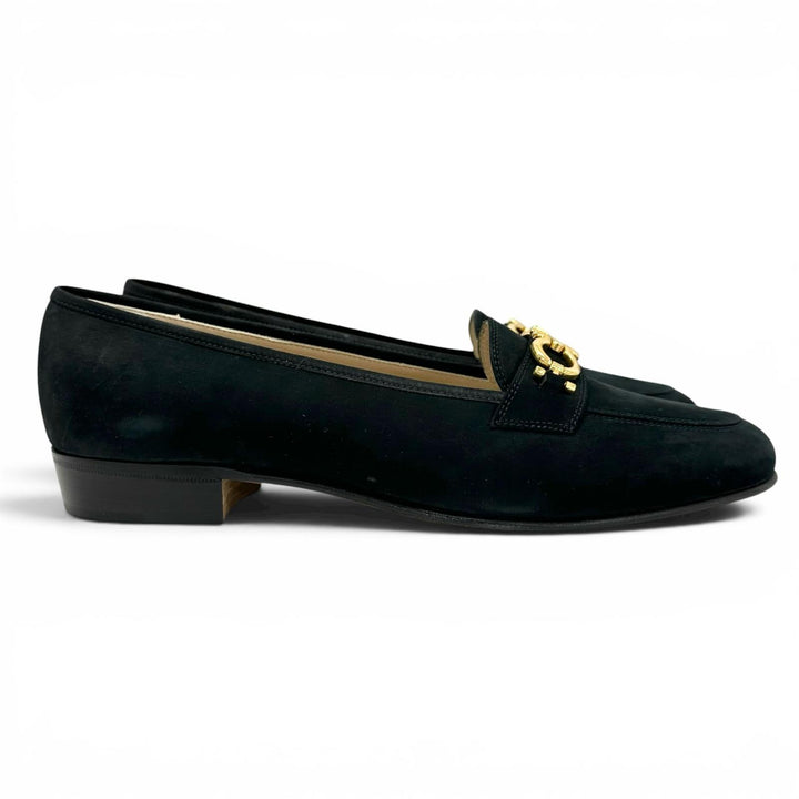 未使用品▲Salvatore Ferragamo サルヴァトーレフェラガモ BABS ダブルガンチーニ パンプス ダークネイビー ゴールド金具 7.5 レディース