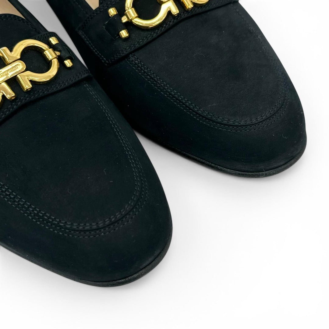 未使用品▲Salvatore Ferragamo サルヴァトーレフェラガモ BABS ダブルガンチーニ パンプス ダークネイビー ゴールド金具 7.5 レディース