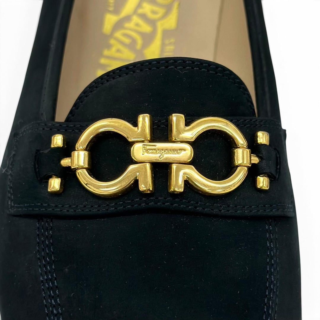 未使用品▲Salvatore Ferragamo サルヴァトーレフェラガモ BABS ダブルガンチーニ パンプス ダークネイビー ゴールド金具 7.5 レディース
