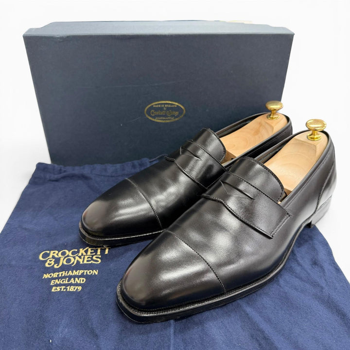 極美△CROCKETT&amp;JONES クロケットアンドジョーンズ SCOTNEY スコットニー 337ラスト レザー キャップトゥ コインローファー ブラック 8.5