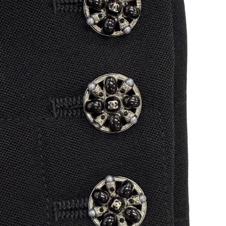 良品★CHANEL シャネル ヴィンテージ 06A P28958 ココマーク×黒石×フェイクパールボタン付き ロング ウール ジャケット ブラック 36 仏製