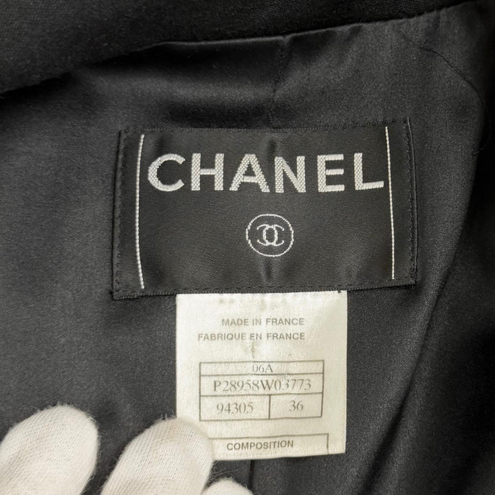 良品★CHANEL シャネル ヴィンテージ 06A P28958 ココマーク×黒石×フェイクパールボタン付き ロング ウール ジャケット ブラック 36 仏製