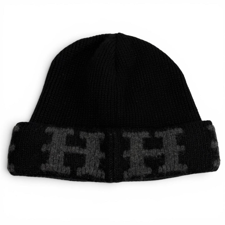 美品★HERMES エルメス カシミヤ100％ マルジェラ期 Hロゴ ニット帽 ニットキャップ ブラック グレー XL イタリア製 正規品 レディース