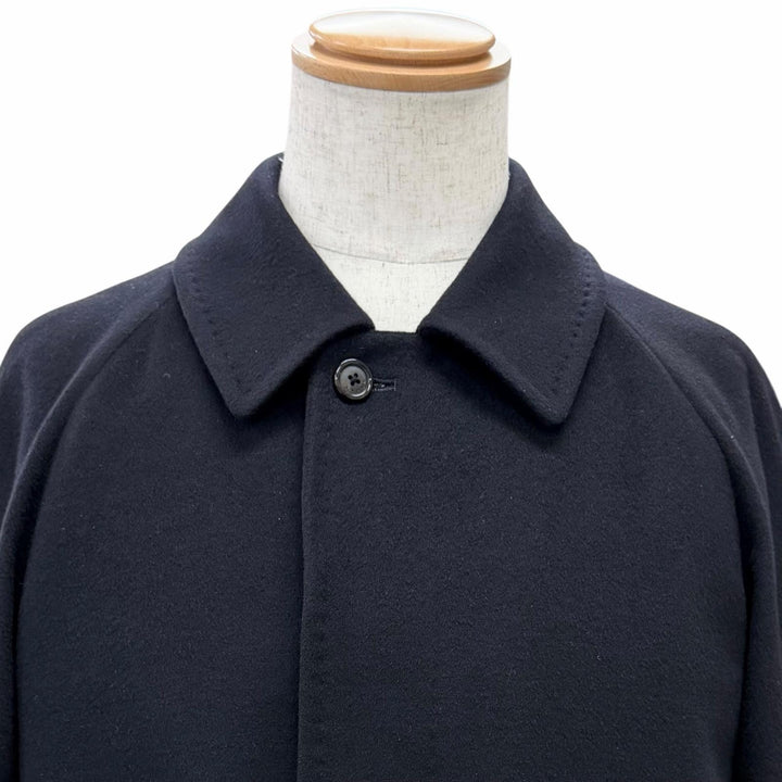 美品△BURBERRY LONDON バーバリーロンドン カシミヤ シルク ロゴボタン ステンカラーコート ダークネイビー 90-165-4 日本製 正規品