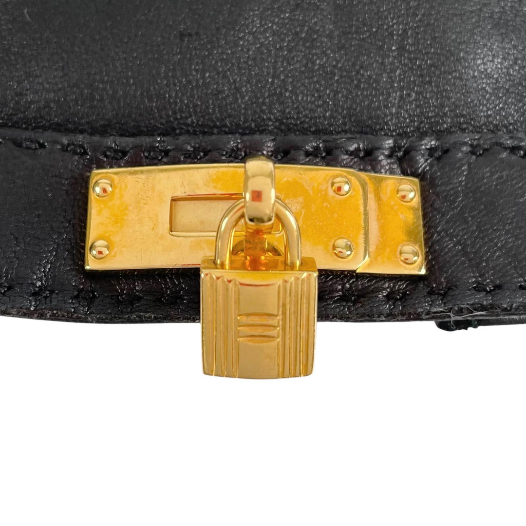 美品▲HERMES エルメス ソヤ アニョー グラッセ 裏地シルク100％ ケリー ゴールド金具 レザー グローブ 手袋 ブラック 7 仏製 レディース