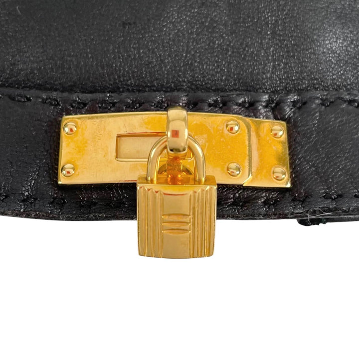 美品▲HERMES エルメス ソヤ アニョー グラッセ 裏地シルク100％ ケリー ゴールド金具 レザー グローブ 手袋 ブラック 7 仏製 レディース