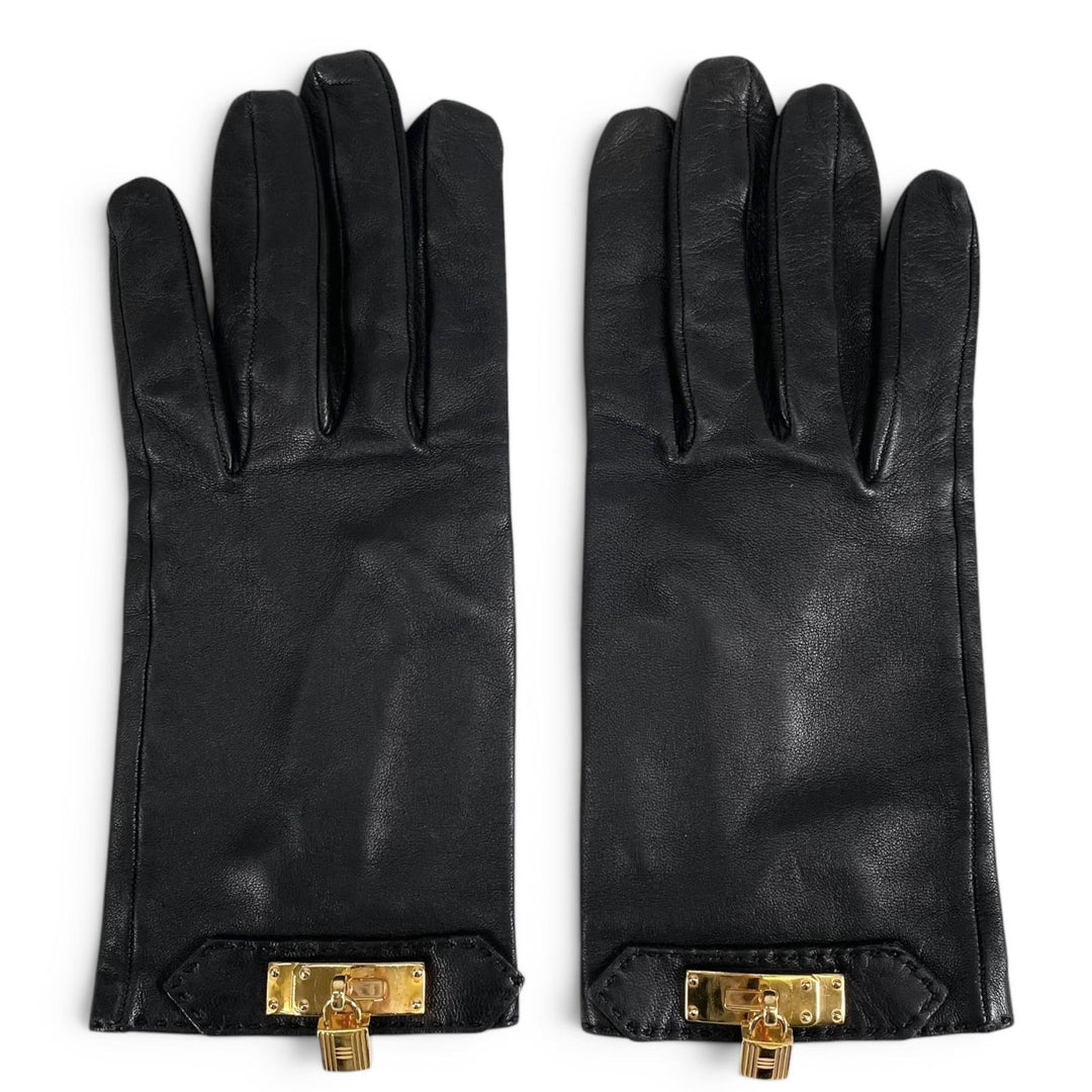 美品▲HERMES エルメス ソヤ アニョー グラッセ 裏地シルク100％ ケリー ゴールド金具 レザー グローブ 手袋 ブラック 7 仏製 レディース