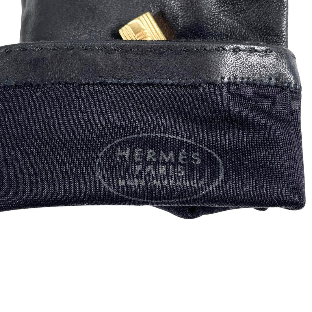 美品▲HERMES エルメス ソヤ アニョー グラッセ 裏地シルク100％ ケリー ゴールド金具 レザー グローブ 手袋 ブラック 7 仏製 レディース