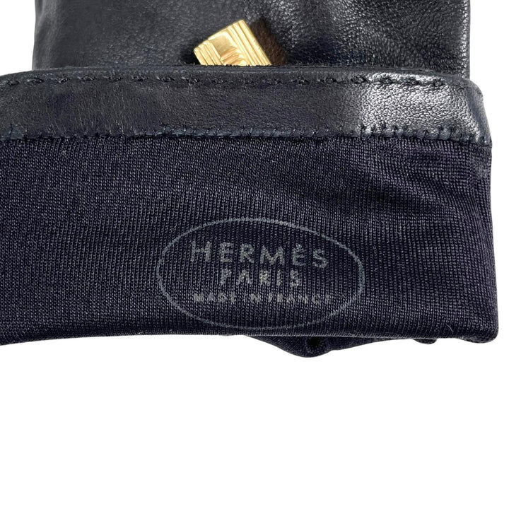 美品▲HERMES エルメス ソヤ アニョー グラッセ 裏地シルク100％ ケリー ゴールド金具 レザー グローブ 手袋 ブラック 7 仏製 レディース