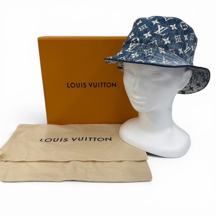 極美品☆LOUIS VUITTON ルイヴィトン M77433 モノグラム ボブ デニムハット インディゴブルー S 伊製 正規品 レディース 箱・保存袋付き