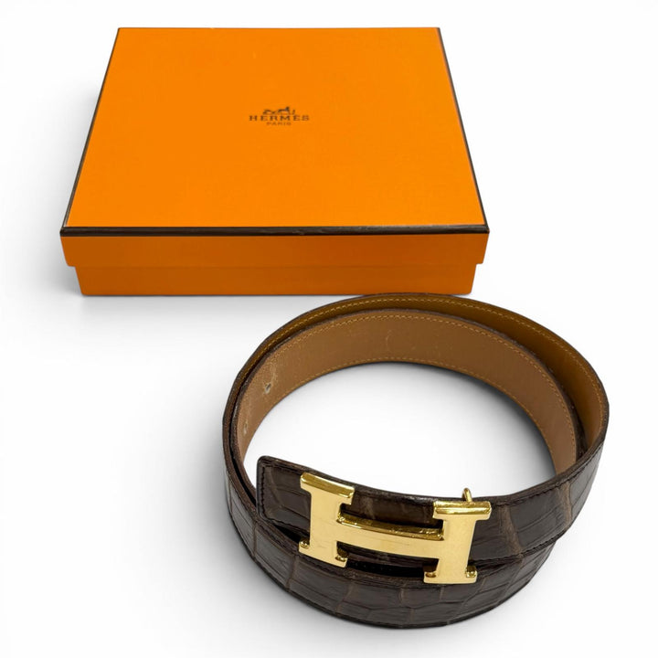 良品▼HERMES エルメス ヴィンテージ ポロサス クロコダイル ゴールド金具 コンスタンス Hロゴ リバーシブル レザーベルト 80 □I刻印