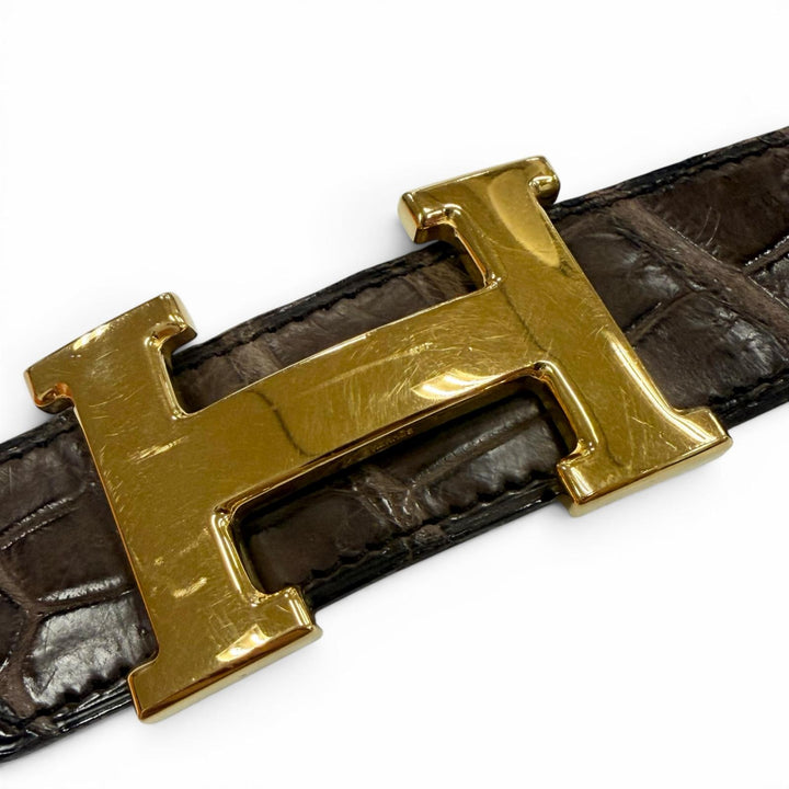 良品▼HERMES エルメス ヴィンテージ ポロサス クロコダイル ゴールド金具 コンスタンス Hロゴ リバーシブル レザーベルト 80 □I刻印
