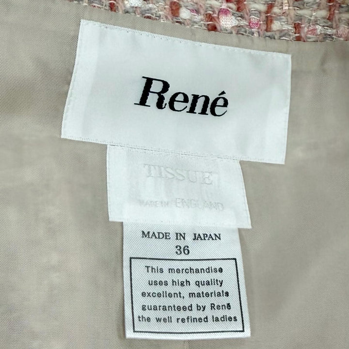 美品★Rene ルネ 6838090 ウール混 ブローチ付 ミンクポケット ノーカラー ツイードコート ピンク アイボリー 36 日本製 正規品
