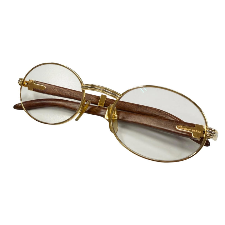 極美品▼Cartier カルティエ ヴィンテージ 51□20 130b トリニティ ウッドテンプル ロゴ金具付き メガネ 眼鏡 アイウェア ゴールド 度入