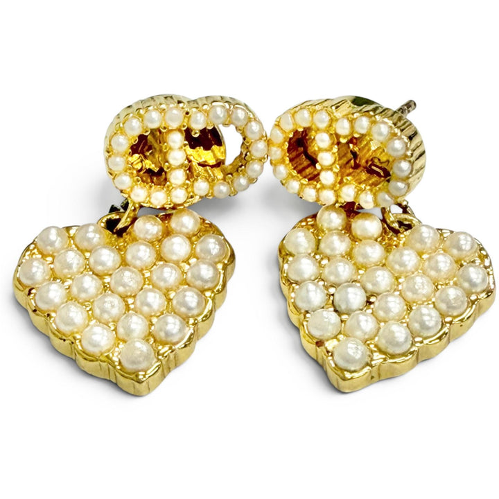美品△DIOR ディオール フェイクパール CDロゴ ハートモチーフ ピアス アクセサリー フリンジ 両耳用 ゴールド レディース 箱・保存袋付