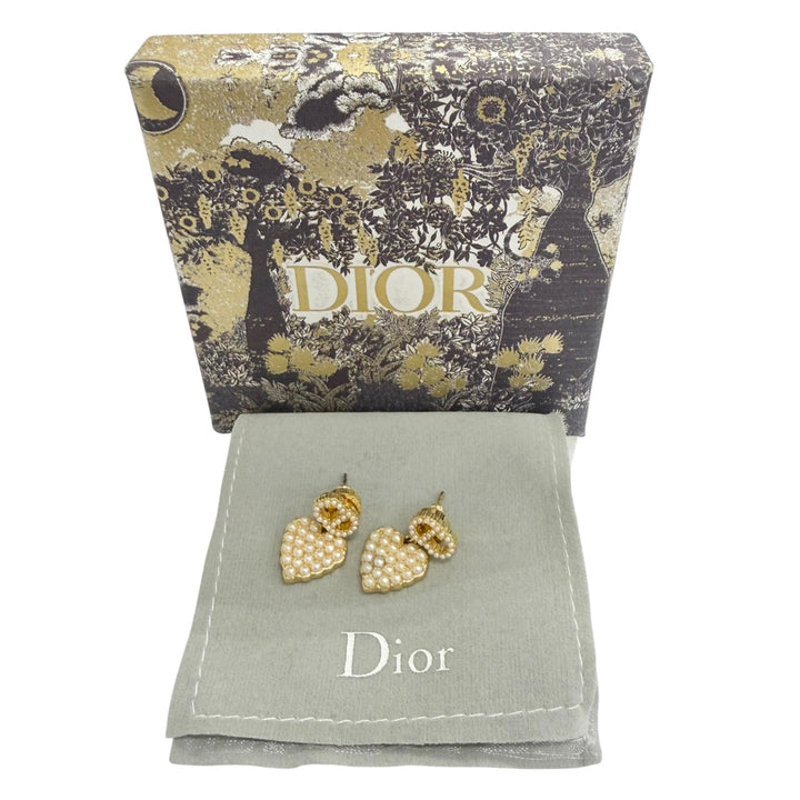 美品△DIOR ディオール フェイクパール CDロゴ ハートモチーフ ピアス アクセサリー フリンジ 両耳用 ゴールド レディース 箱・保存袋付