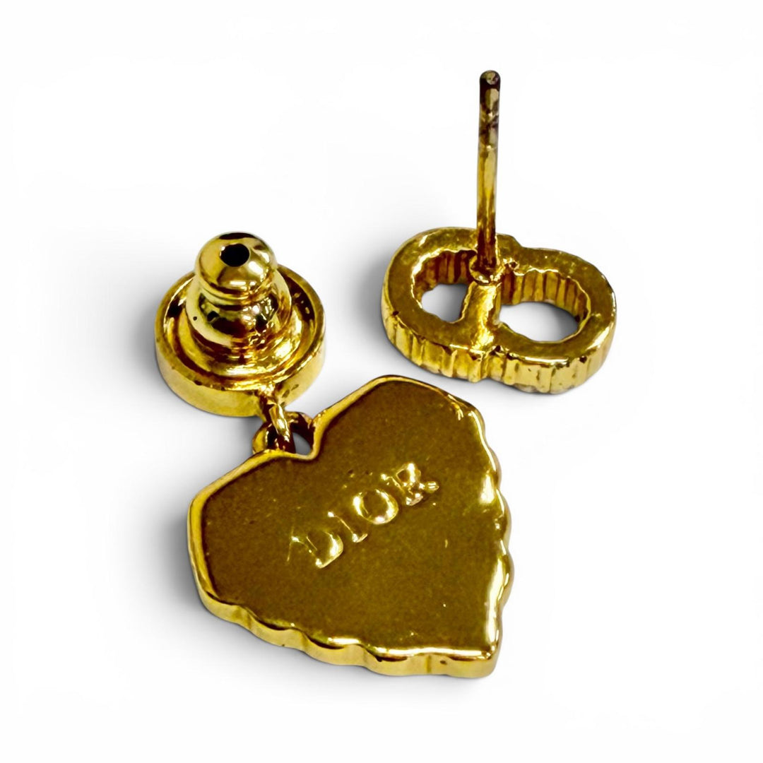 美品△DIOR ディオール フェイクパール CDロゴ ハートモチーフ ピアス アクセサリー フリンジ 両耳用 ゴールド レディース 箱・保存袋付