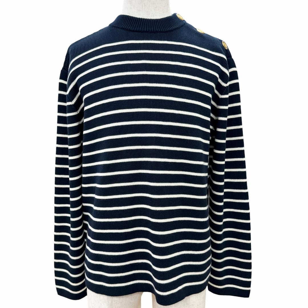 極美品△VALENTINO ヴァレンティノ 25SS 6V3KC33MAR6 コットン100% ロゴボタン ボーダー柄 長袖 ニット ネイビー ホワイト L 伊製 正規品