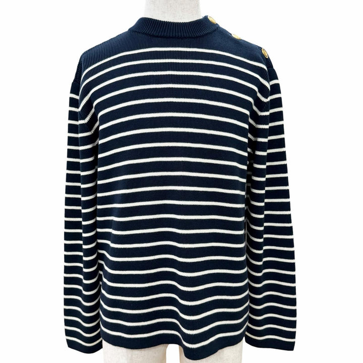 極美品△VALENTINO ヴァレンティノ 25SS 6V3KC33MAR6 コットン100% ロゴボタン ボーダー柄 長袖 ニット ネイビー ホワイト L 伊製 正規品