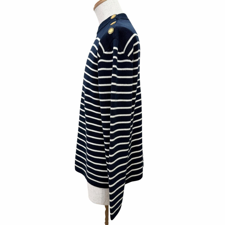 極美品△VALENTINO ヴァレンティノ 25SS 6V3KC33MAR6 コットン100% ロゴボタン ボーダー柄 長袖 ニット ネイビー ホワイト L 伊製 正規品