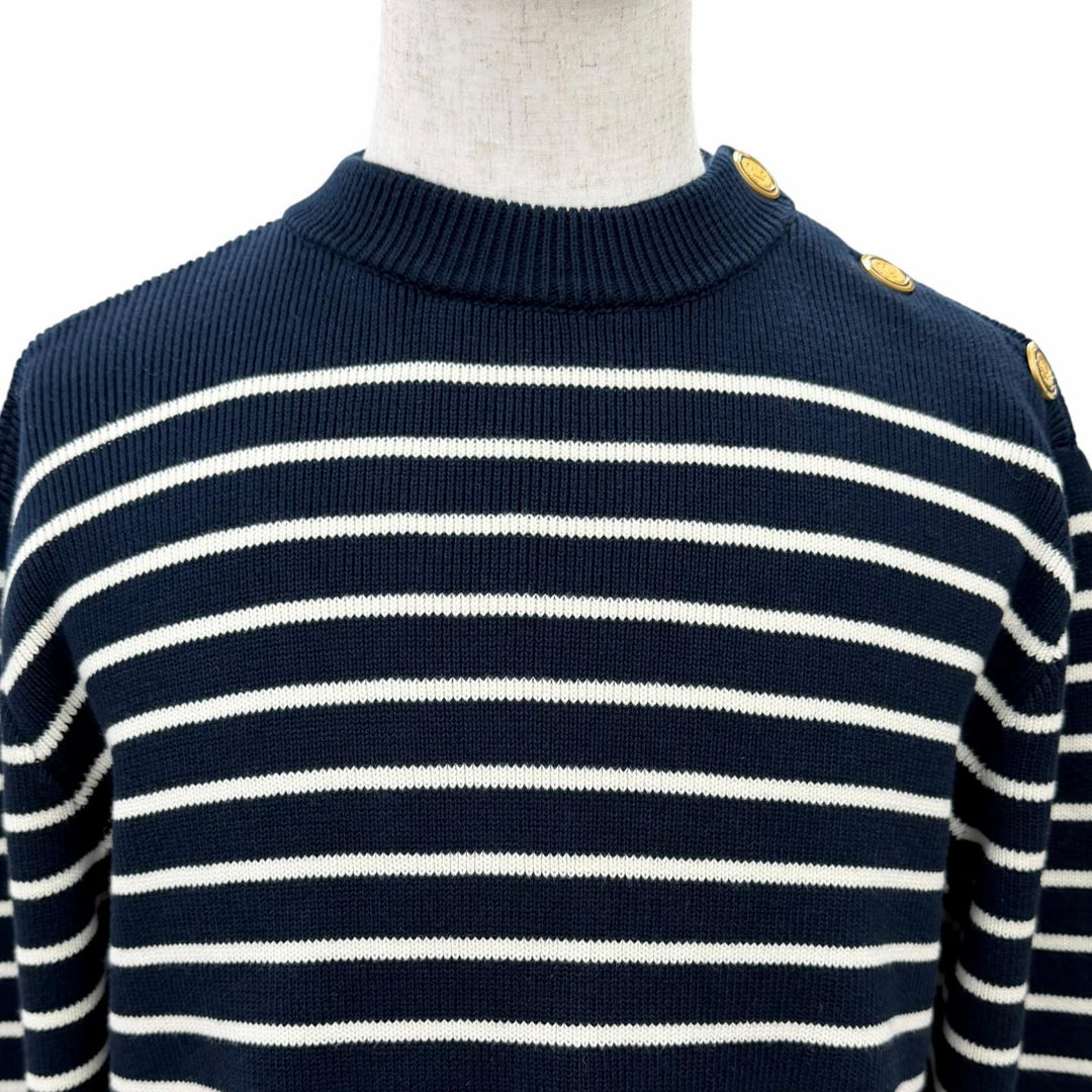 極美品△VALENTINO ヴァレンティノ 25SS 6V3KC33MAR6 コットン100% ロゴボタン ボーダー柄 長袖 ニット ネイビー ホワイト L 伊製 正規品