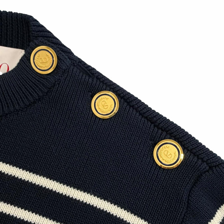 極美品△VALENTINO ヴァレンティノ 25SS 6V3KC33MAR6 コットン100% ロゴボタン ボーダー柄 長袖 ニット ネイビー ホワイト L 伊製 正規品