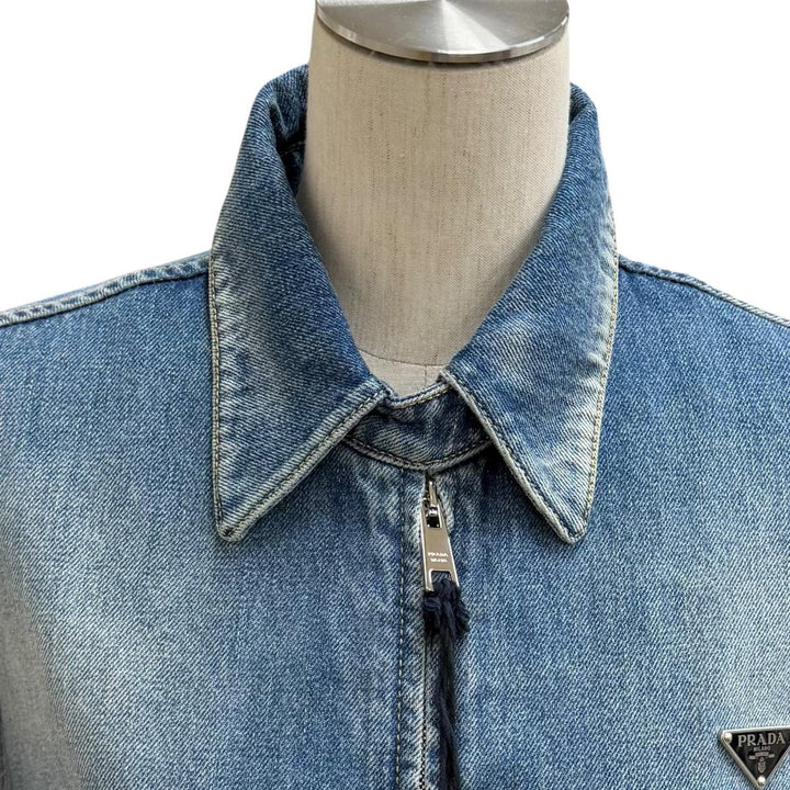 未使用品★PRADA プラダ 26SS GFB337 コットン100％ トライアングルロゴ エイジング加工 ZIP UP デニムジャケット インディゴ 38 正規品