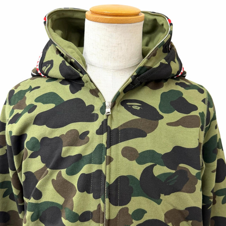 【ドンドン見直し】 美品□A BATHING APE 001ZPK701016M SHARK HOODIE カモフラ ダブルシャーク パーカー カーキ M 日本製 正規品 メンズ